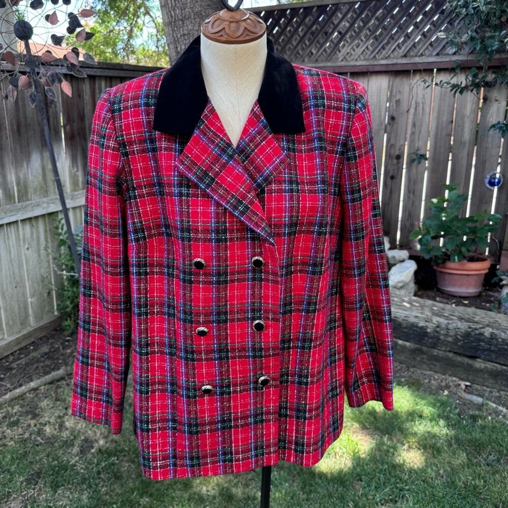 VTG Jessica Howard Tartan Plaid Red Black Suit Jacket Blazer 80's Women's 14